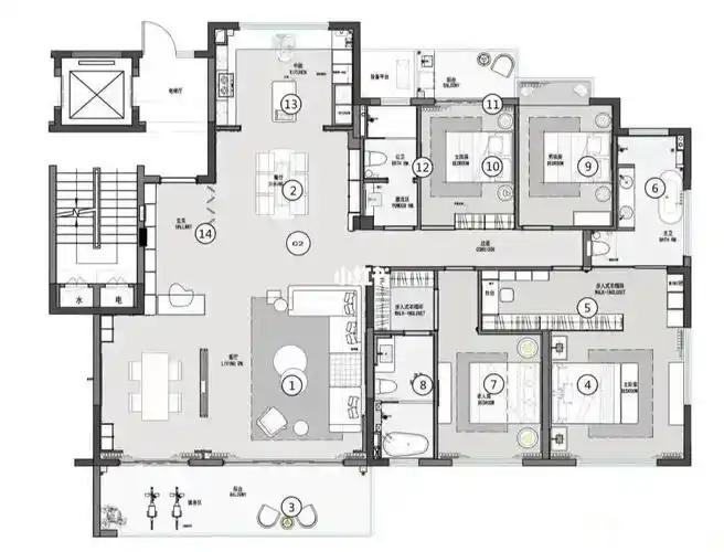 漂亮的大平层户型布局,动静分离,没有暗卫,而且还有入户衣帽间的布局
