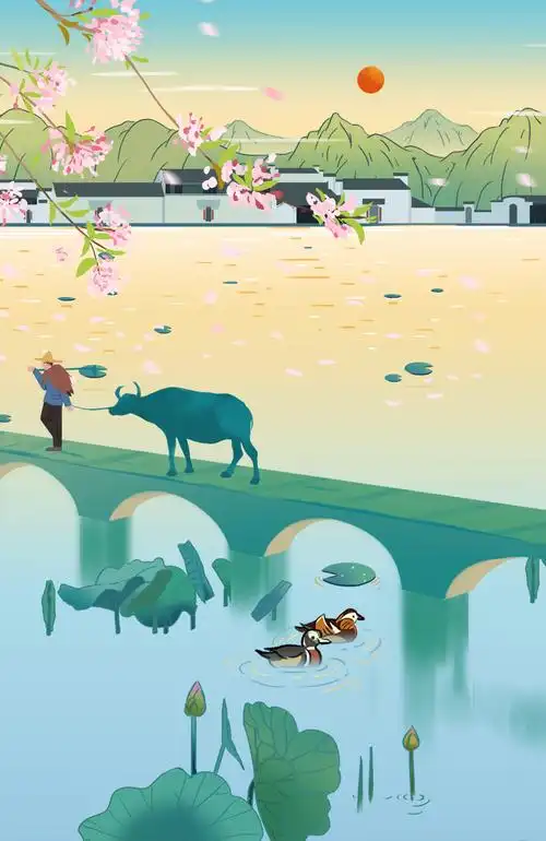 中国风新中式古风江南水乡安徽宏村世外桃源中国画青绿山水画插画