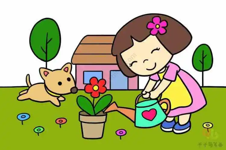 小孩照顾花儿卡通简笔画