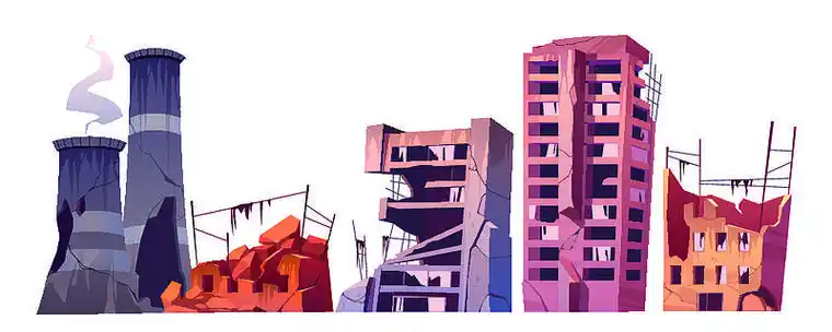 后世界末日的世界废墟与破碎的房屋和植物管道隔离卡通矢量集.