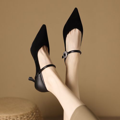 【舒适羊反绒】时尚水钻玛丽珍鞋女浅口高跟鞋女细跟尖头时装鞋