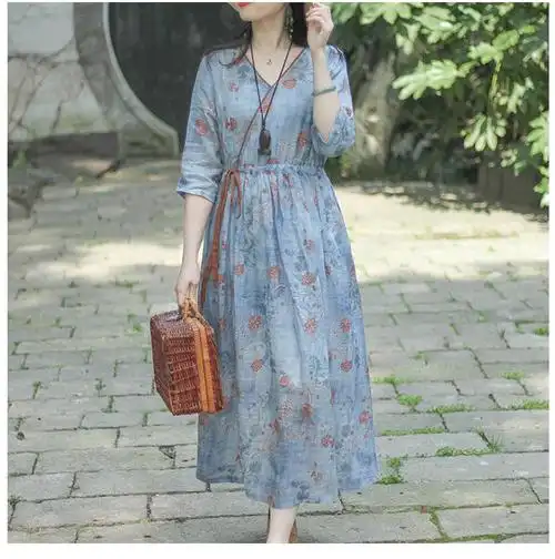 素订女装原创品牌旗舰店苎麻复古印花连衣裙v领显瘦棉麻长裙裙子