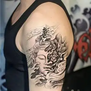 大花臂半臂纹身贴男女防水持久花臂善恶之间一念之间佛脸仿真刺青