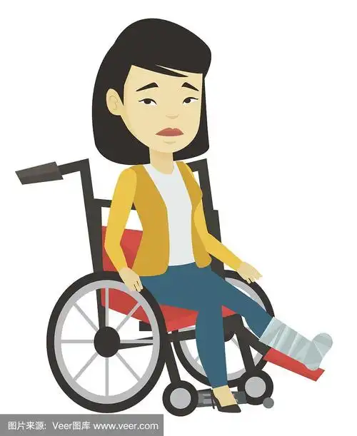 瘸腿的女人坐在轮椅上