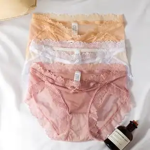 女蕾丝边性感火辣网纱薄透无痕女士中腰三角裤黑色白色高开叉内裤