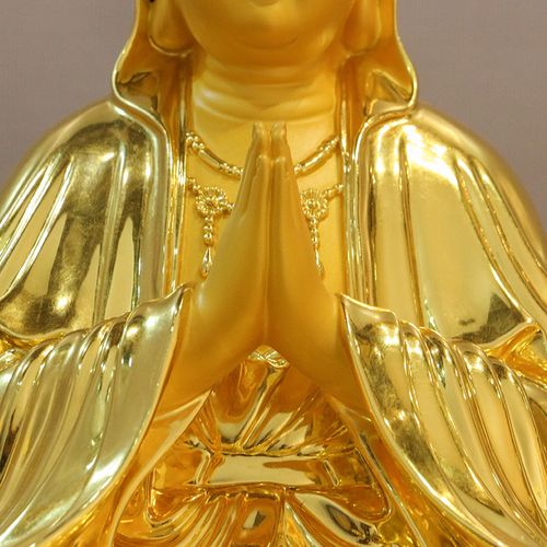 佛像供奉纯铜贴金合掌观音摆件南海观世音菩萨摆件