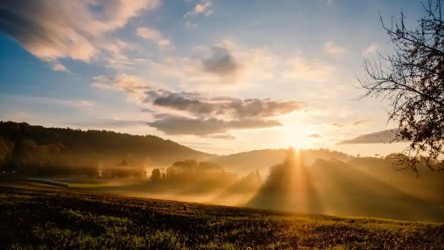 草地晨曦摄影图片桌面壁纸_阳光明媚的草地图片壁纸_三千图片网