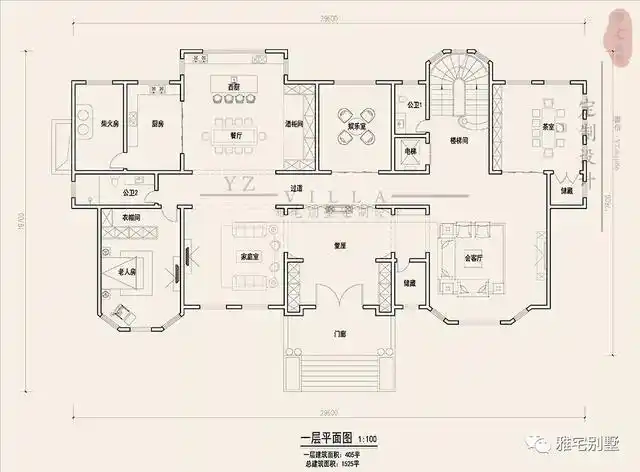 三层千平欧式豪华别墅设计图,挑空客厅,顶层八角凉亭.