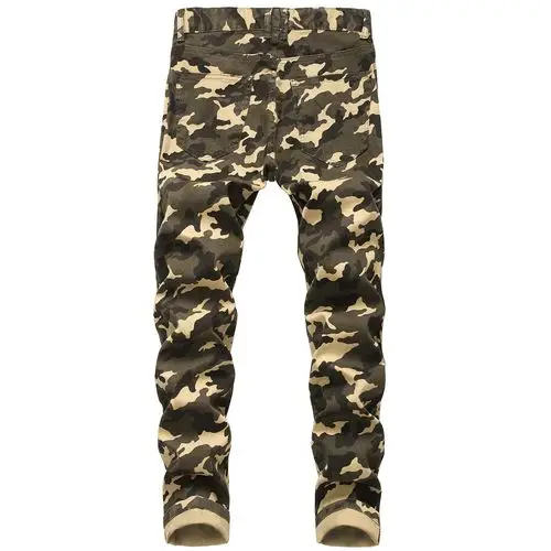 跨境货源男装迷彩牛仔裤 男士修身弹力军绿印花休闲长裤