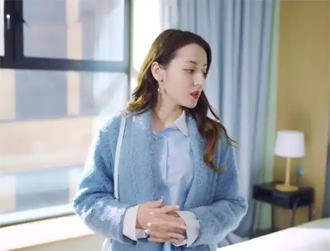 幸福触手可及迪丽热巴周放同款蓝色收腰显瘦翻领中长毛呢外套