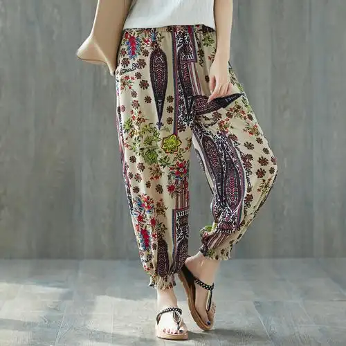 885民族风灯笼裤高腰阔腿裤女显瘦哈伦裤花长裤子女