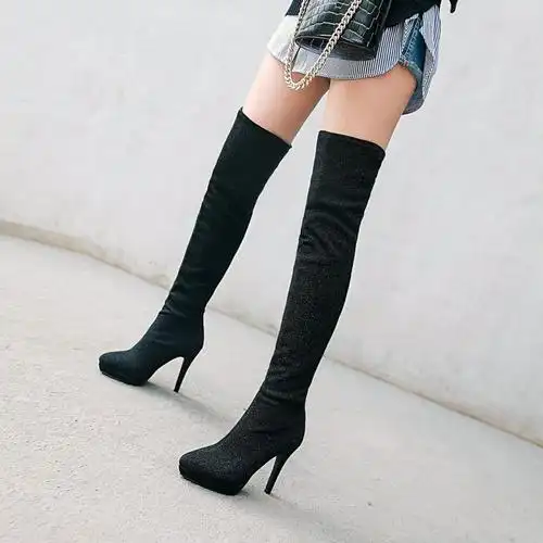 女式早秋修长长靴2020新款时尚防水台高跟过膝长靴夜店尖头弹力性感女