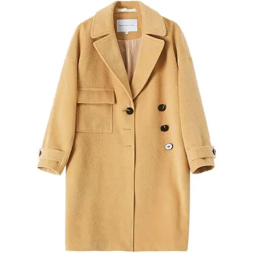 飞鸟日系复古别致腰带口袋设计长款毛呢外套