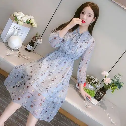 新款韩版连衣裙打底百搭显瘦洋气雪纺长袖碎花长款复古风2022春装