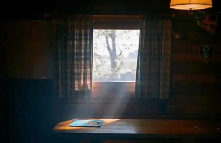 阳光从窗户照进房间,可以看到夹着无数的微小灰尘的一束束耶稣光