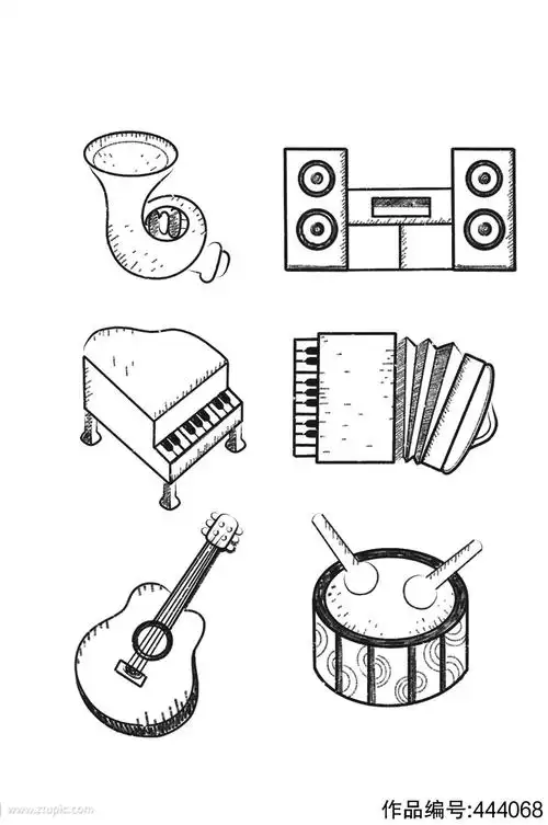 手绘卡通黑白乐器素材