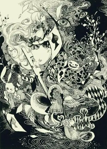 美术课的黑白装饰画,然后第一反应就画了爱丽丝了【】想搞出一种眩晕