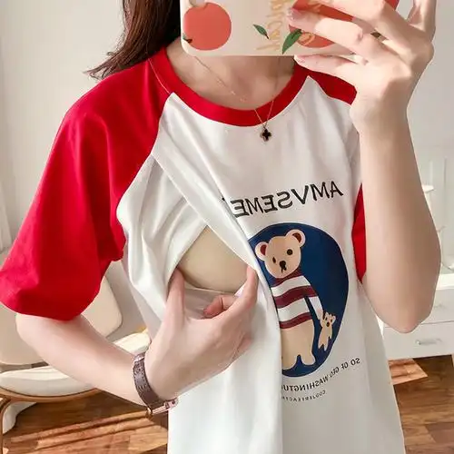 夏季户外方便摸胸奶短袖t恤女情侣外方便哺乳上衣外出喂奶棉ai之mi桔