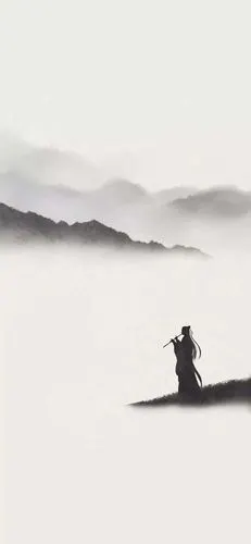 唐崎夜雨水墨清音手绘古风全面屏手机壁纸