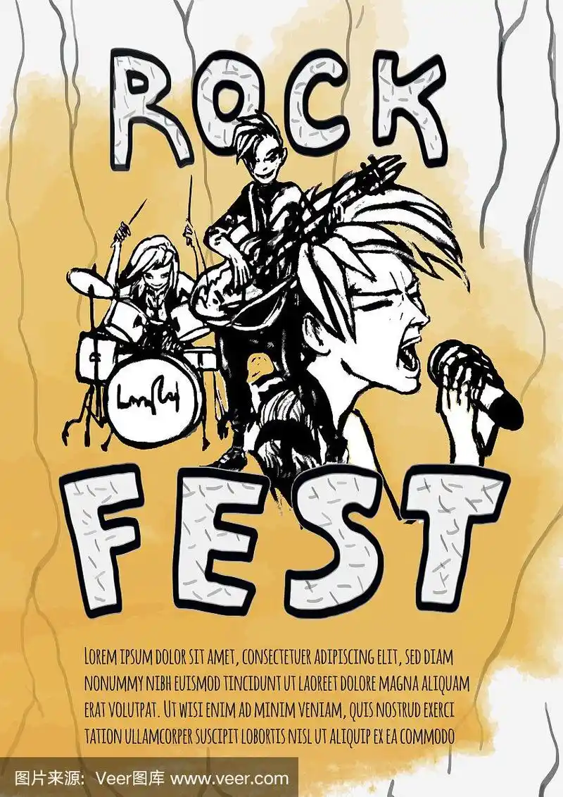 摇滚音乐节的重音乐海报.黄色背景上的吉他手,鼓手和歌手.摇滚乐队.
