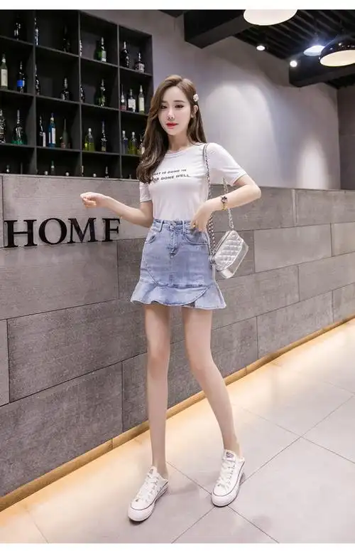 牛仔短裙女夏2020年新款韩版荷叶边高腰a字半身裙显瘦百搭包臀裙-阿里