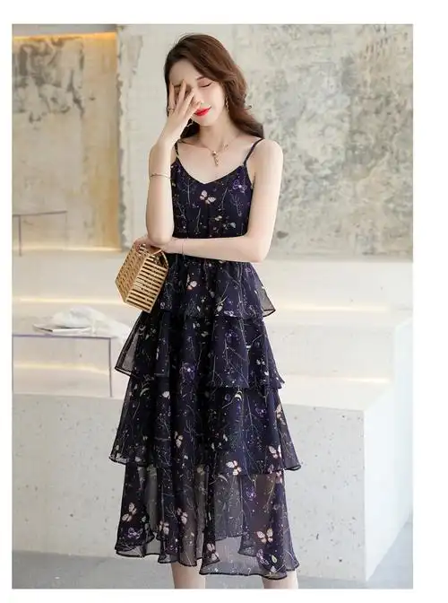 女士背心裙仙女裙沙滩裙吊带裙雪纺连衣裙夏天中长款蛋糕裙子图片色s