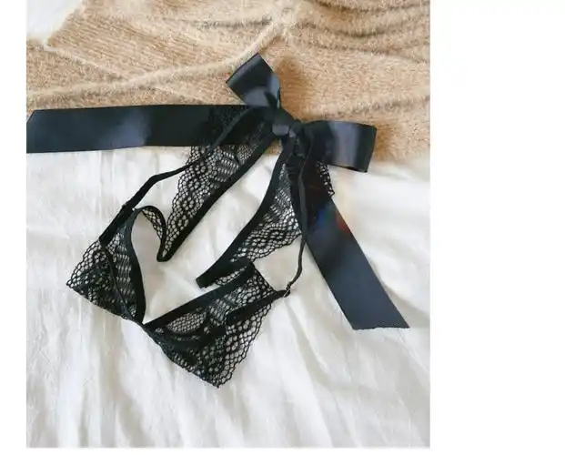 lmqn性感蕾丝开档内裤女免脱开叉情绪诱或绑带黑色蝴蝶结透黑色msm都