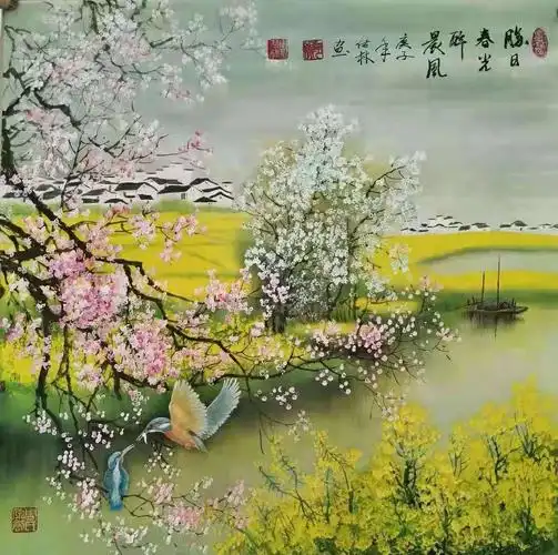 中国实力名家周佑林草原山水花鸟画 鸟语花香 四季美景可定制