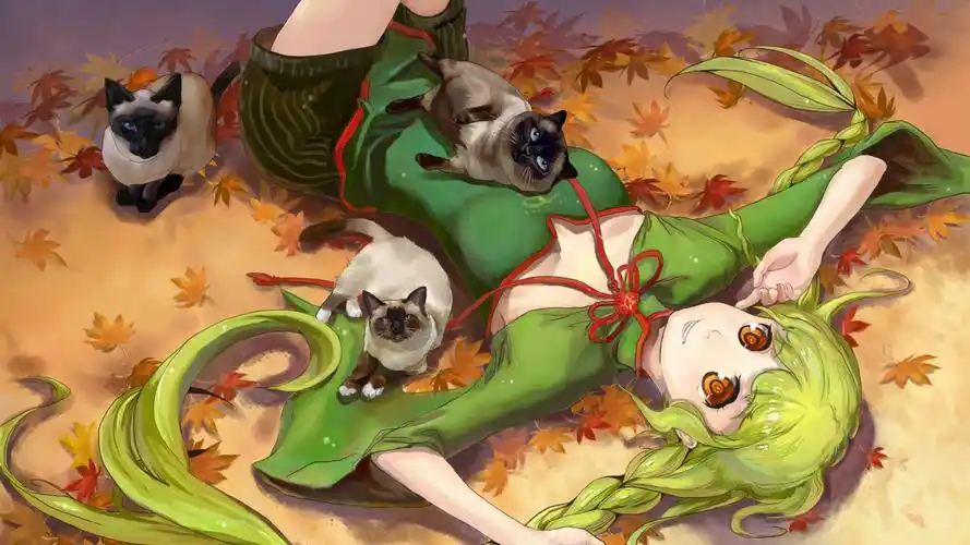 秋天,女孩,猫,枫叶,可爱动漫壁纸