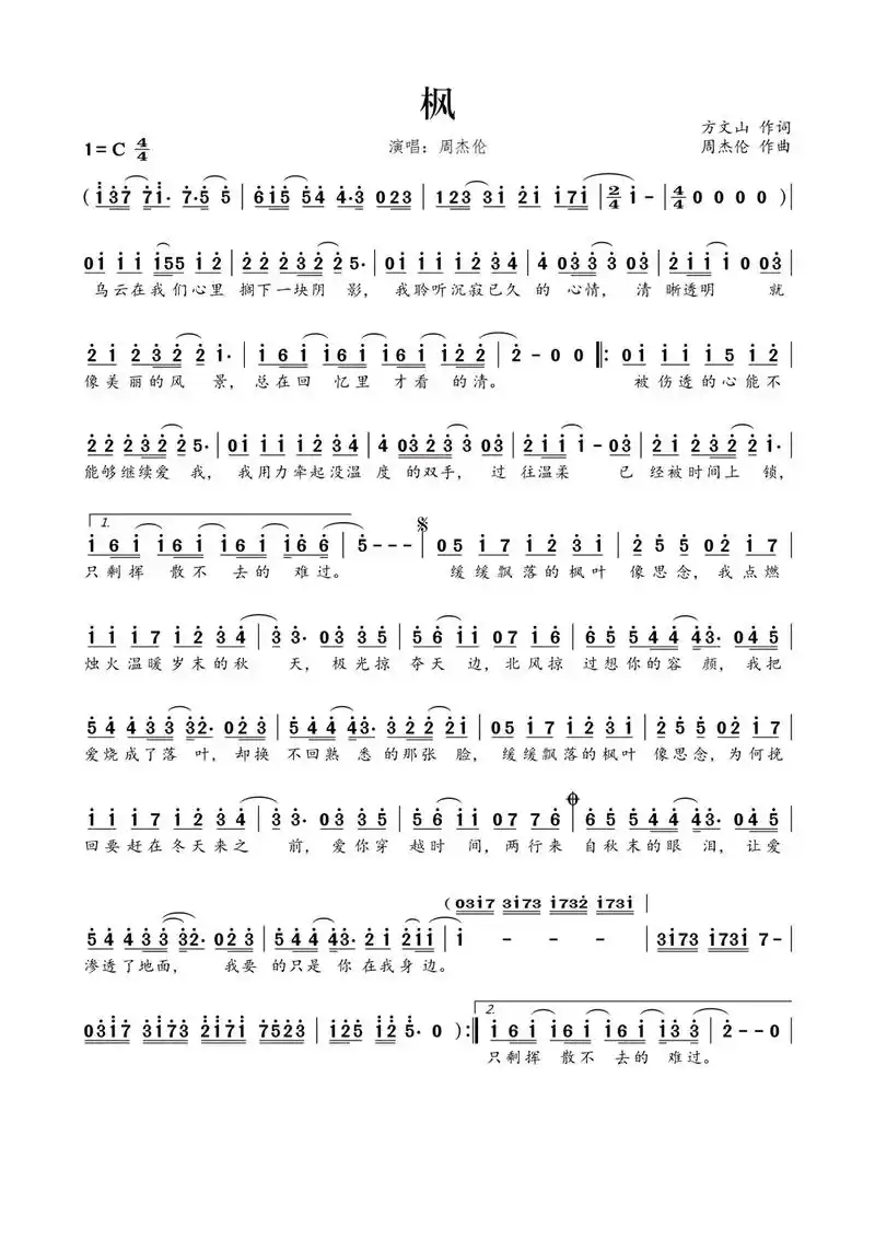 《枫》简谱  转自百度#古筝流行曲谱 #周杰伦枫 - 抖音