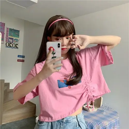 中青年超短女生t恤露脐上衣2020韩版宽松抽绳短款夏季设计感小众白色