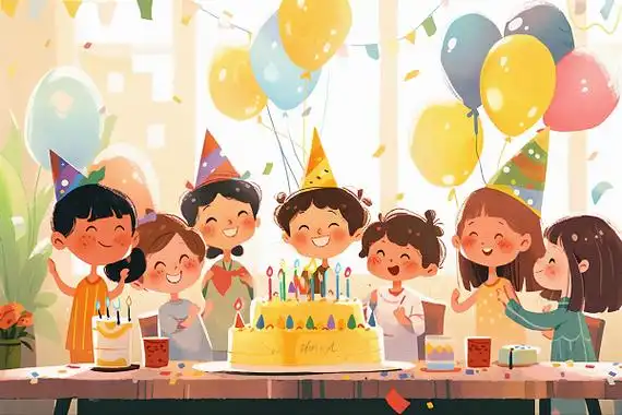 人物孩子们在餐桌上庆祝生日卡通ai插画
