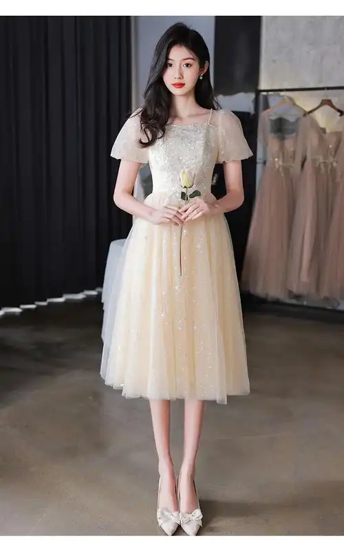 服女礼服香槟色高端晚礼服女感宴会气质轻奢学生主持人毕业典礼连衣裙