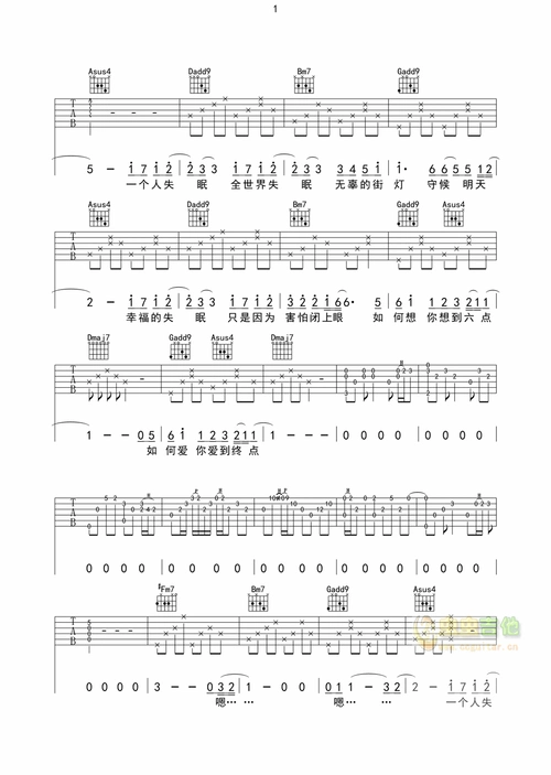 全世界失眠吉他谱刘力扬吉他图片谱3张