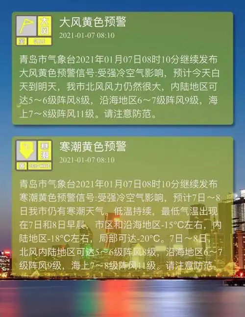 青岛市气象台继续发布大风黄色预警寒潮黄色预警
