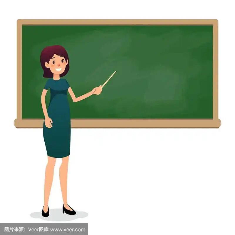 卡通扁女人拿着教鞭在教室里的黑板旁边讲课.杨女老师正在大学做讲座.