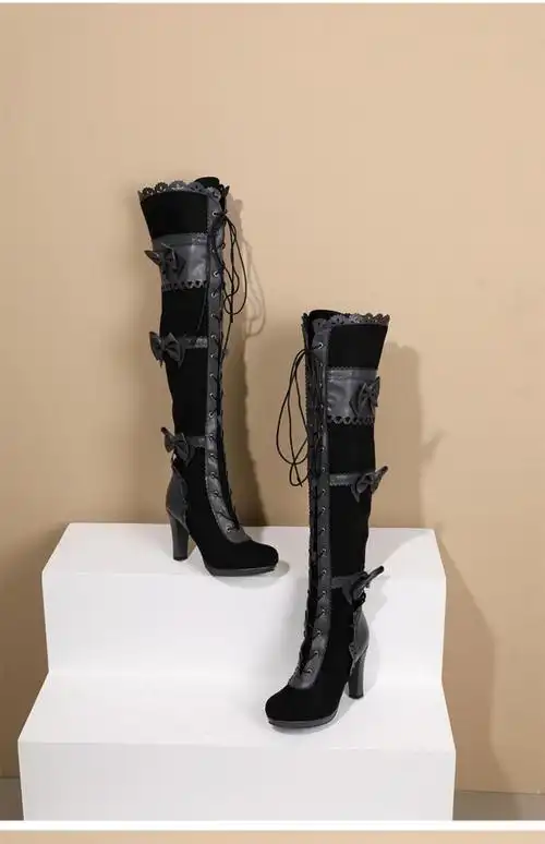 tredemanlee 过膝长靴女甜美洛丽塔拼接蝴蝶结系带粗高跟大码性感骑士
