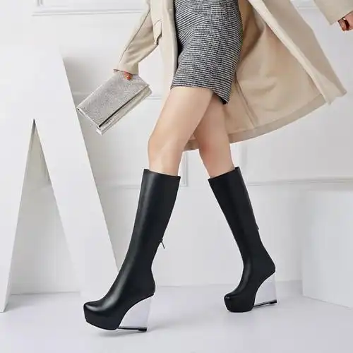 牛皮长筒靴秋冬女水晶坡跟超高12c