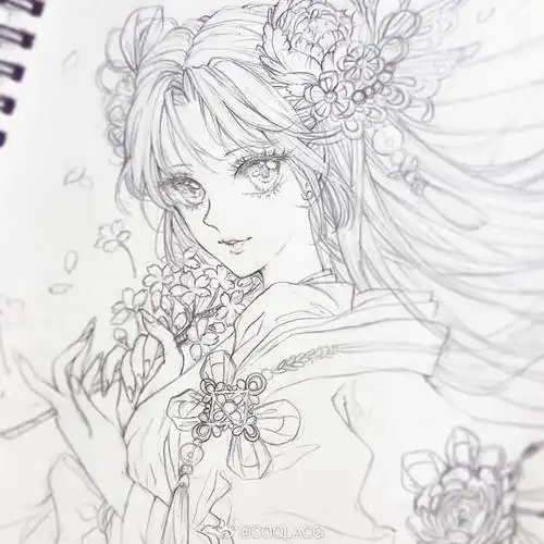 人物黑白动漫素材插画绘画线稿手绘女生男生长发短发转载