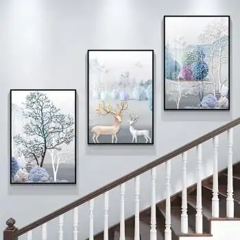 楼梯间挂画走道楼道壁画复式楼走廊墙面装饰画过道转角三联画墙画抖音