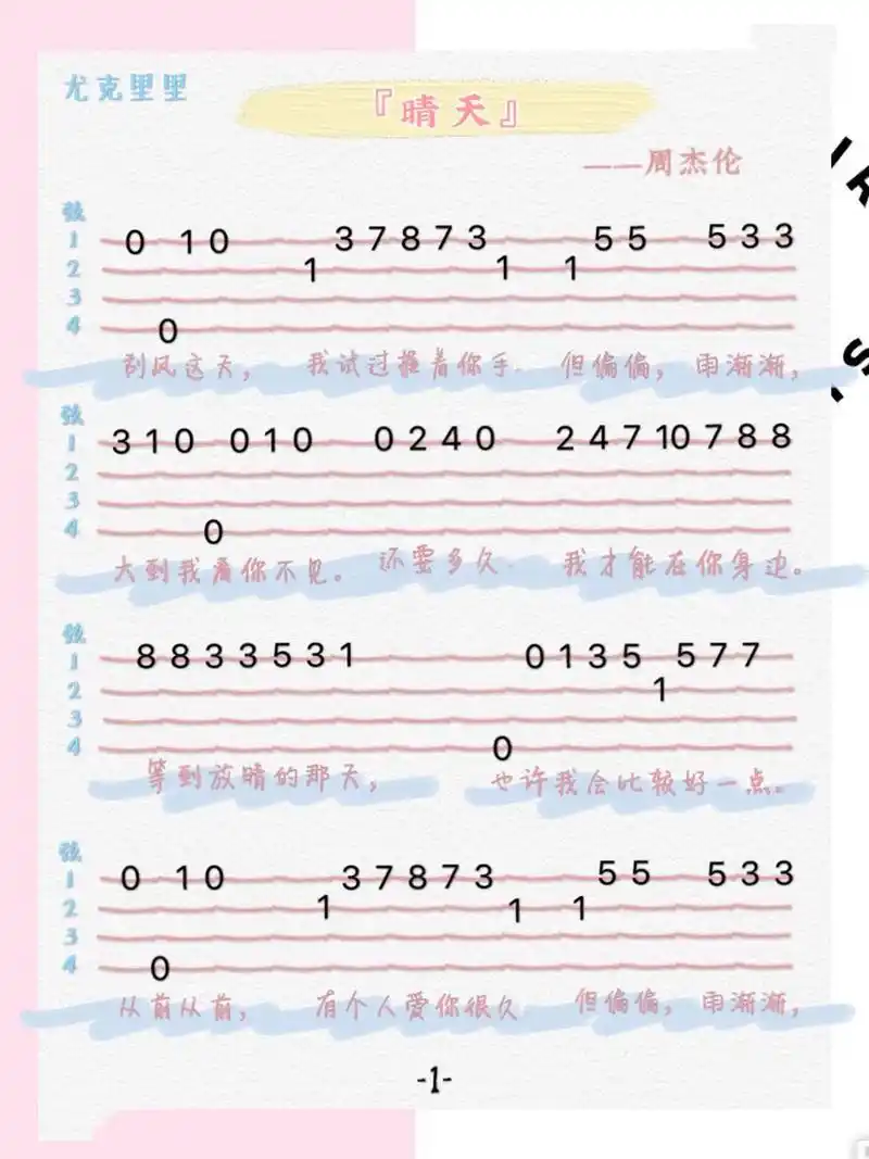 《晴天》周杰伦 尤克里里谱 指弹教程 超好听的歌曲,一分钟学会!