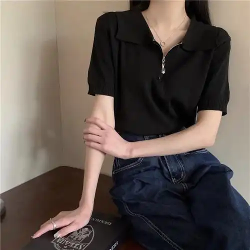 韩版设计感半拉链短袖针织衫女夏季气质显瘦百搭短款polo领上衣潮
