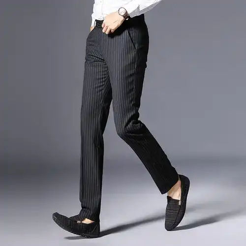 西裤男春秋季竖条纹休闲西裤男士长裤修身商务坠感直筒西装裤子