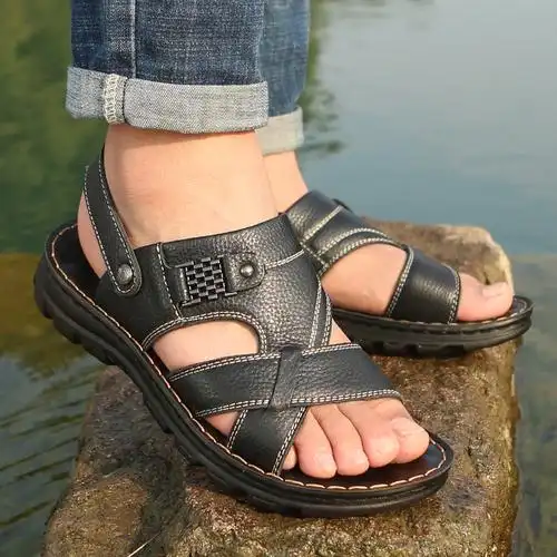 卡森亚凉鞋男士夏季头层牛皮厚底两用凉拖鞋透气皮凉鞋休闲沙滩鞋