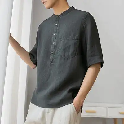 立领亚麻料短袖衬衫男装中国风休闲宽松夏季七分中袖棉麻布上衣服