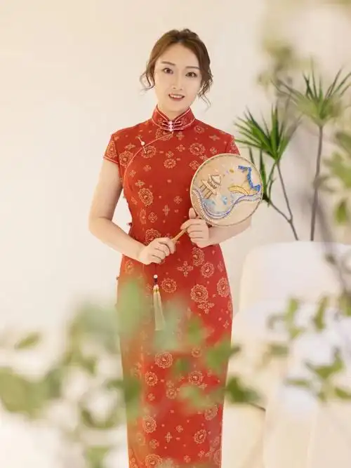 北京旗袍红金花罗旗袍也太美太气质了吧75