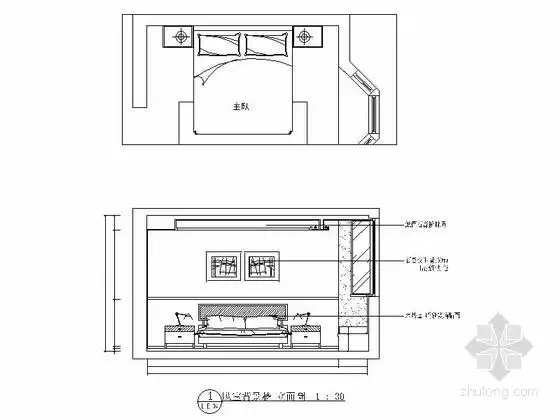 [上海]文明小区现代风格三居室装修施工图(含效果)卧室立面图