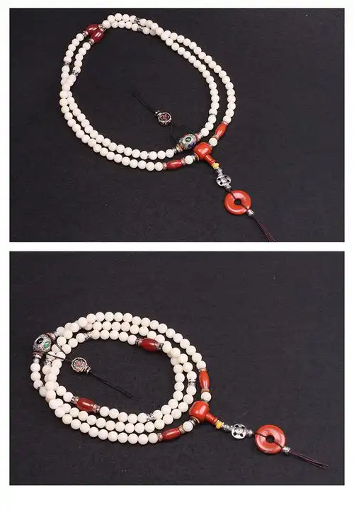 精选天然白玉菩提圆珠108颗 尼泊尔手工顶珠 天然红玛瑙腰珠 藏红石