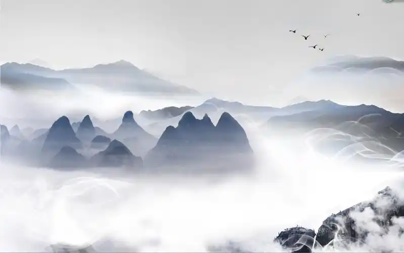 xt90123新中式水墨山水云海群山云雾飞鸟蓝色淡雅山峦