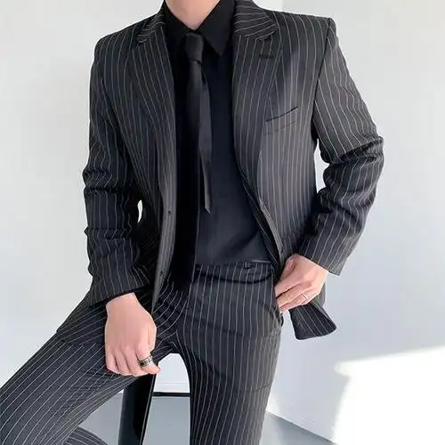 春季新款韩国男装代购条纹商务套西装男士修身休闲西服套装set639